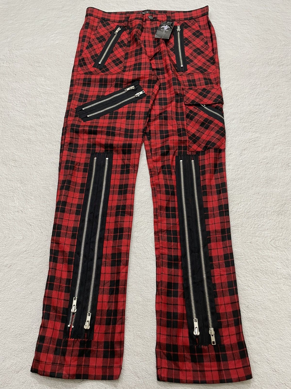 Le Grande Bleu (L.G.B.) 2000s Red Tartan Punk Zipper Pants Bondage Grunge Y2K Size US 31 - 1 Thumbnail