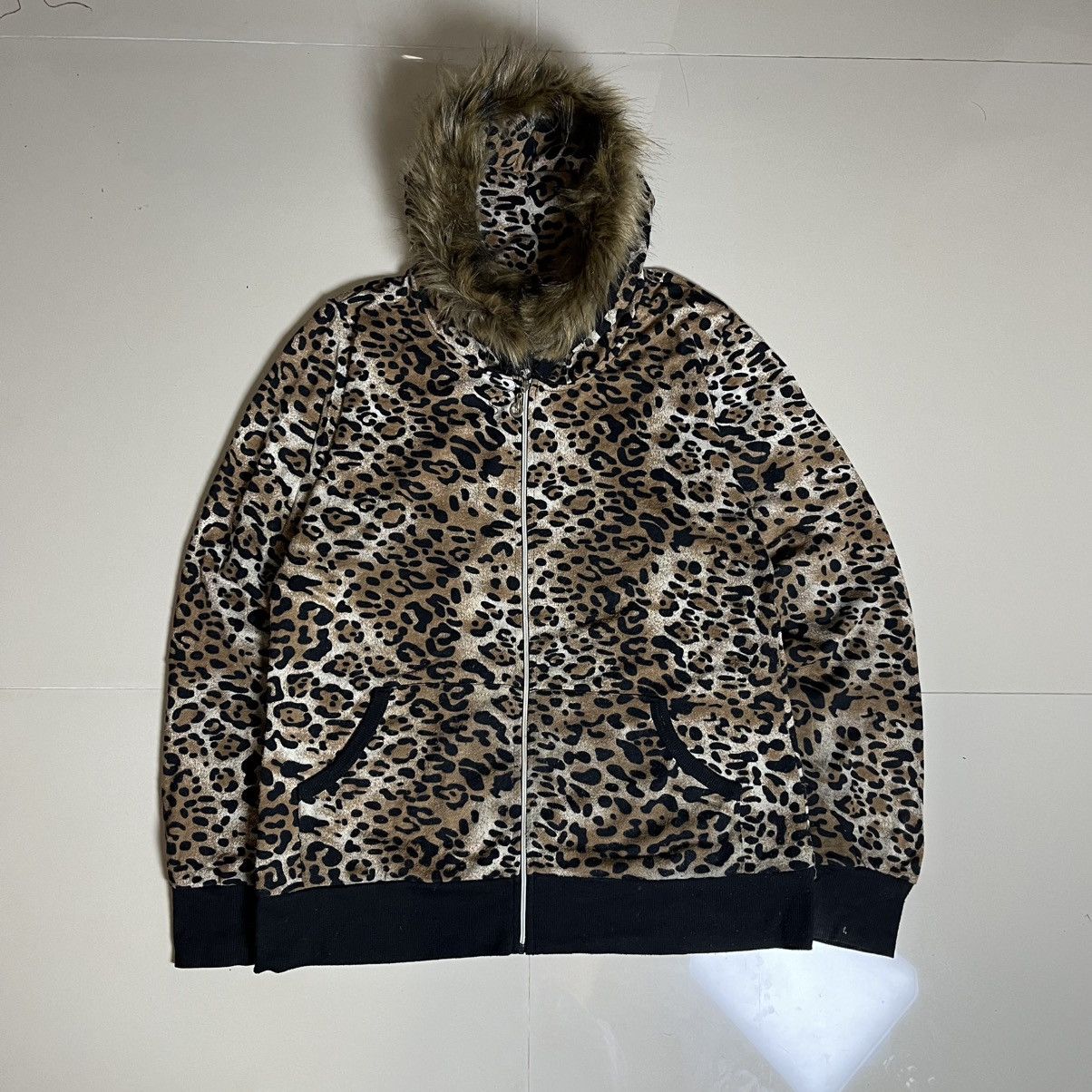 Y2K Leopard Fur Trim Hooded Zip Up Hoodie