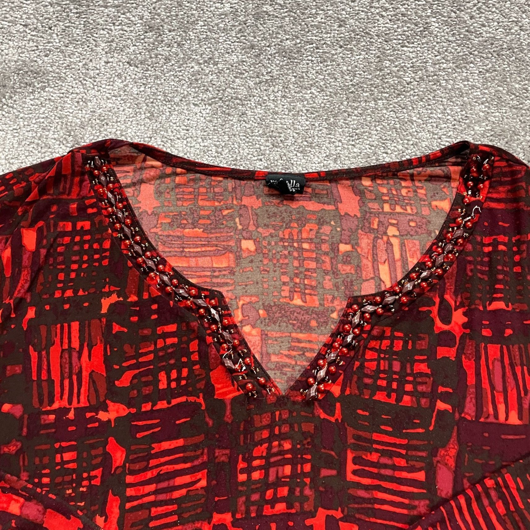 Vintage Rafaella Shift Dress Womens 2XL Red Black Geometric V-Neck Long Sleeve Beaded Dress Size XXL / US 16-18 / IT 52-54 - 3 Thumbnail