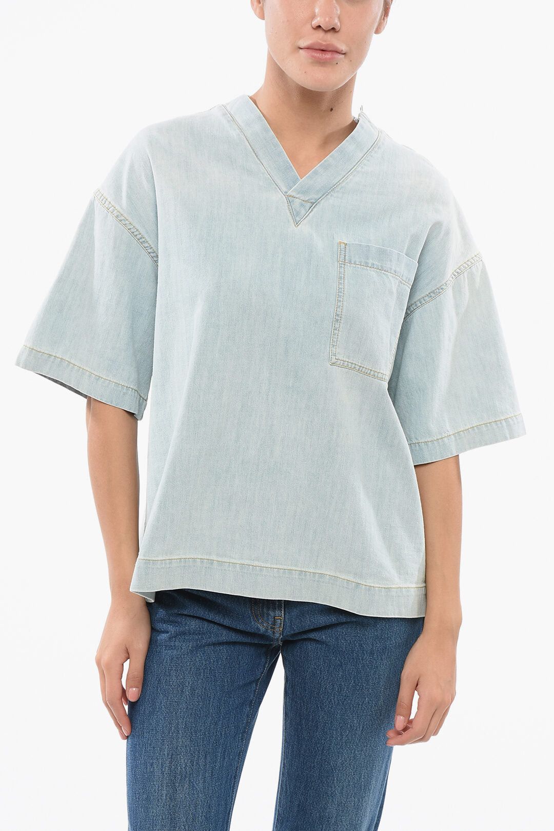 Bottega Veneta Light-Wash Denim Blouse with Pocket Size S / US 4 / IT 40 - 1 Thumbnail