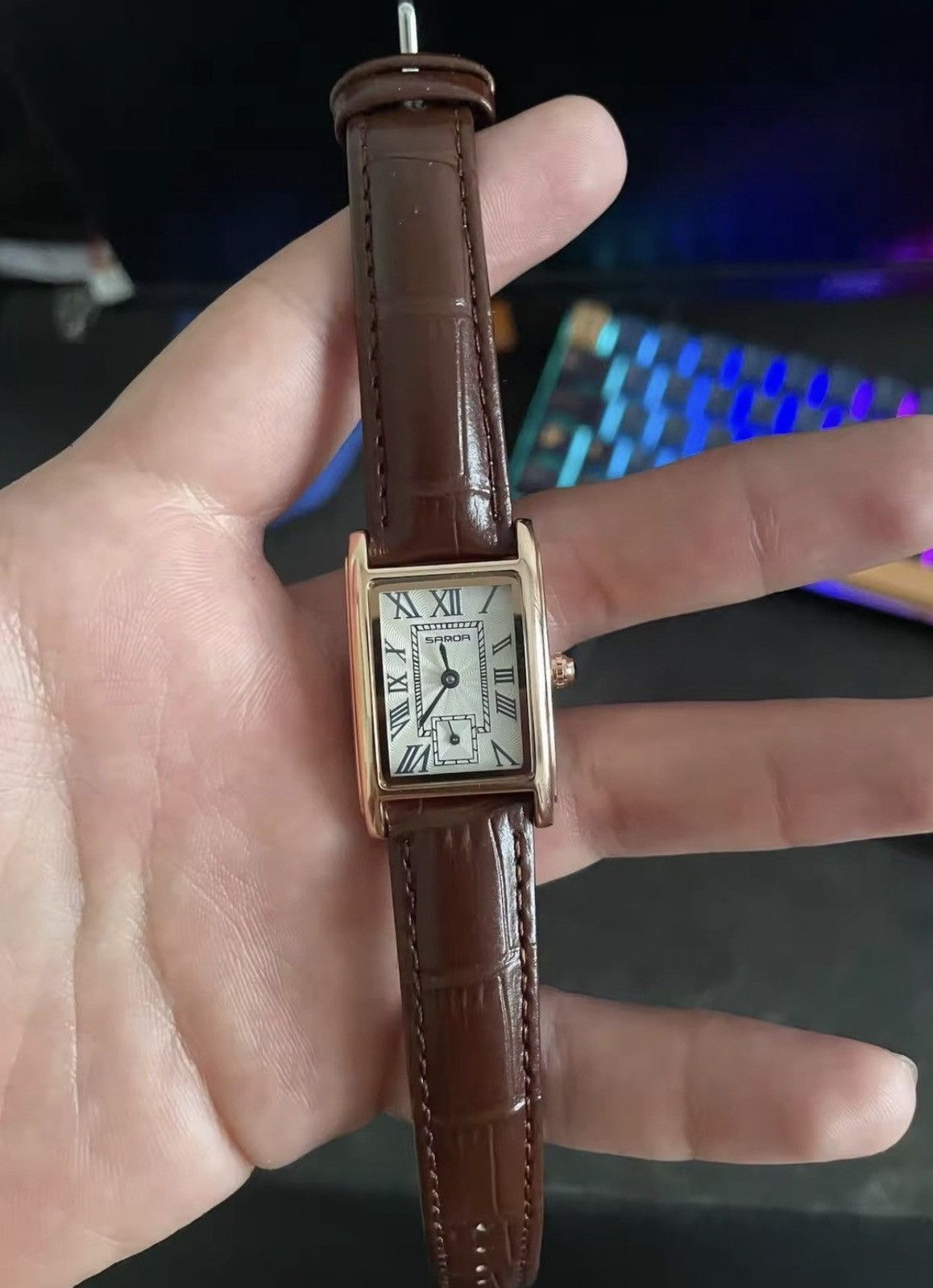Jewelry RECTANGULAR Watch - Roman Numeral Dial - Embossed Leather Size ONE SIZE - 4 Thumbnail