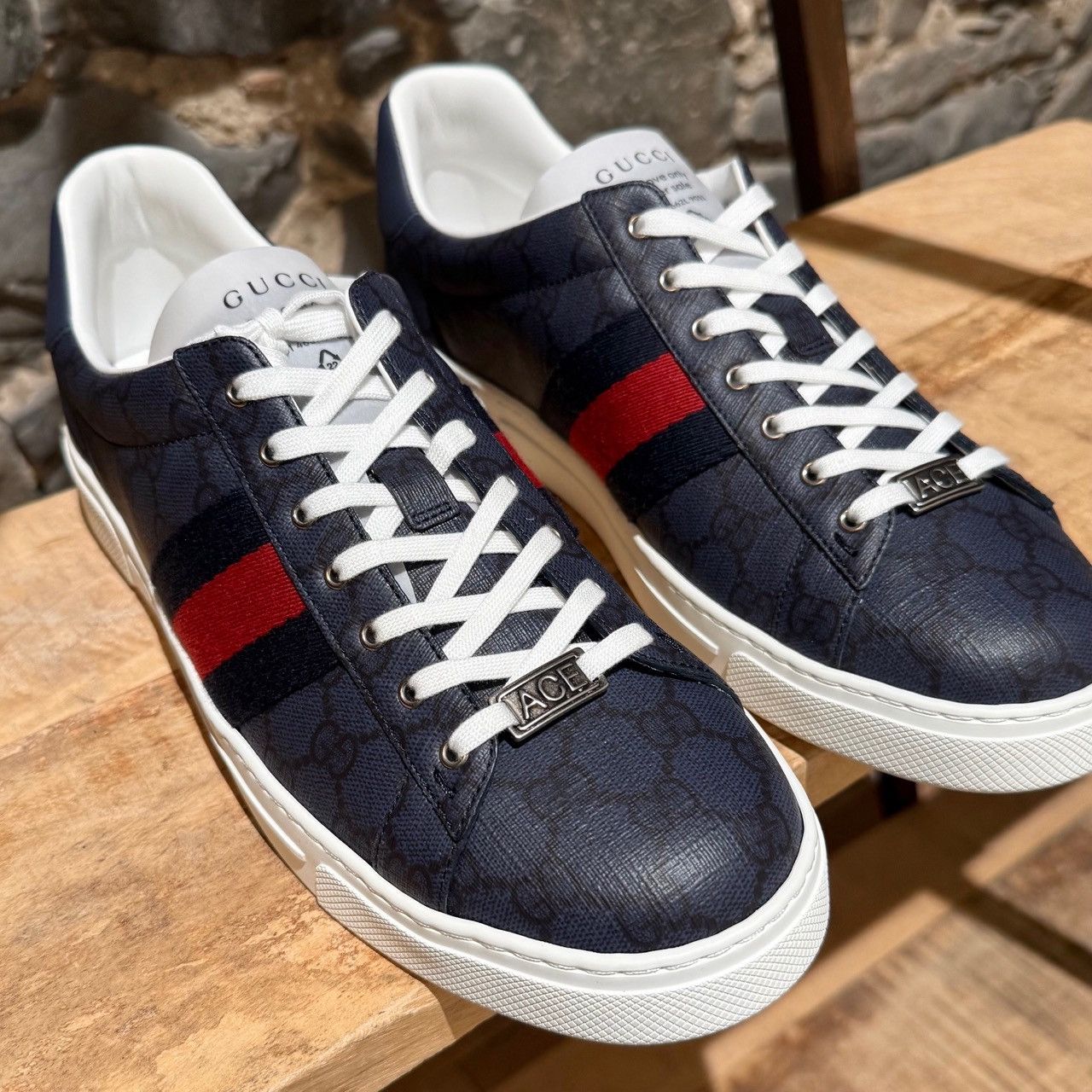 Gucci GG Supreme Web Dark Blue New Ace Sneakers display picture 2