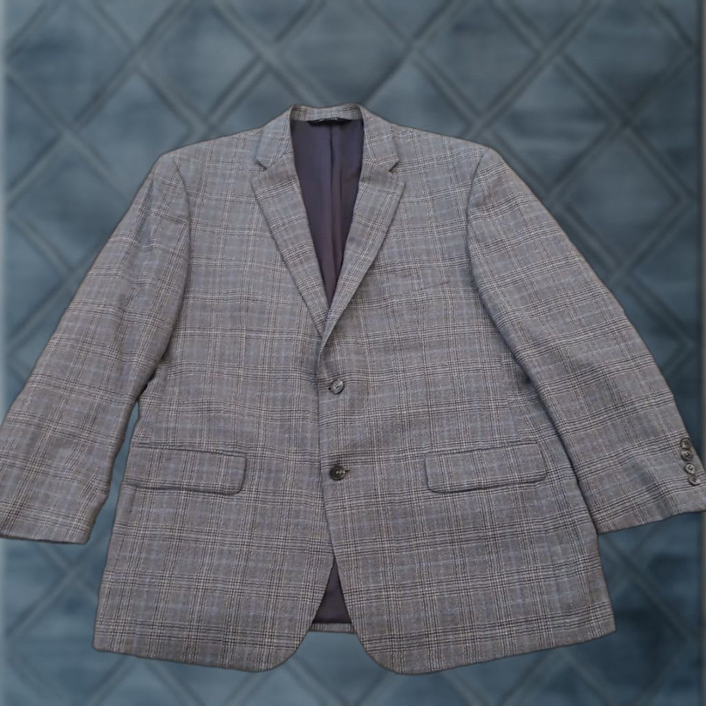 Jos. A. Bank Jos. A. Bank Traveler Blazer Mens 46 Gray Plaid Wool Two Button Double Vent Notch Lapel 2 Piece Regular Jacket Vintage No Mens Size 46R - 1 Thumbnail