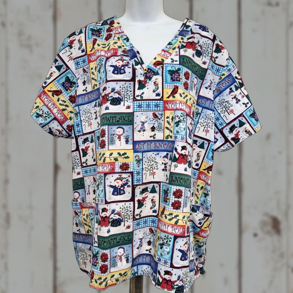 Poler Christmas Holiday Snowman Scrub Top Let it Snow North Pole Birds Women XL Scrub Wear Multi-Color Cotton Medical Size XL / US 12-14 / IT 48-50 - 1 Thumbnail