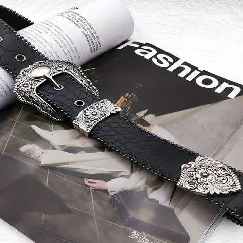 Vintage 971BlPattern Belt with Decorative Silver Buckle Size ONE SIZE - 6 Thumbnail