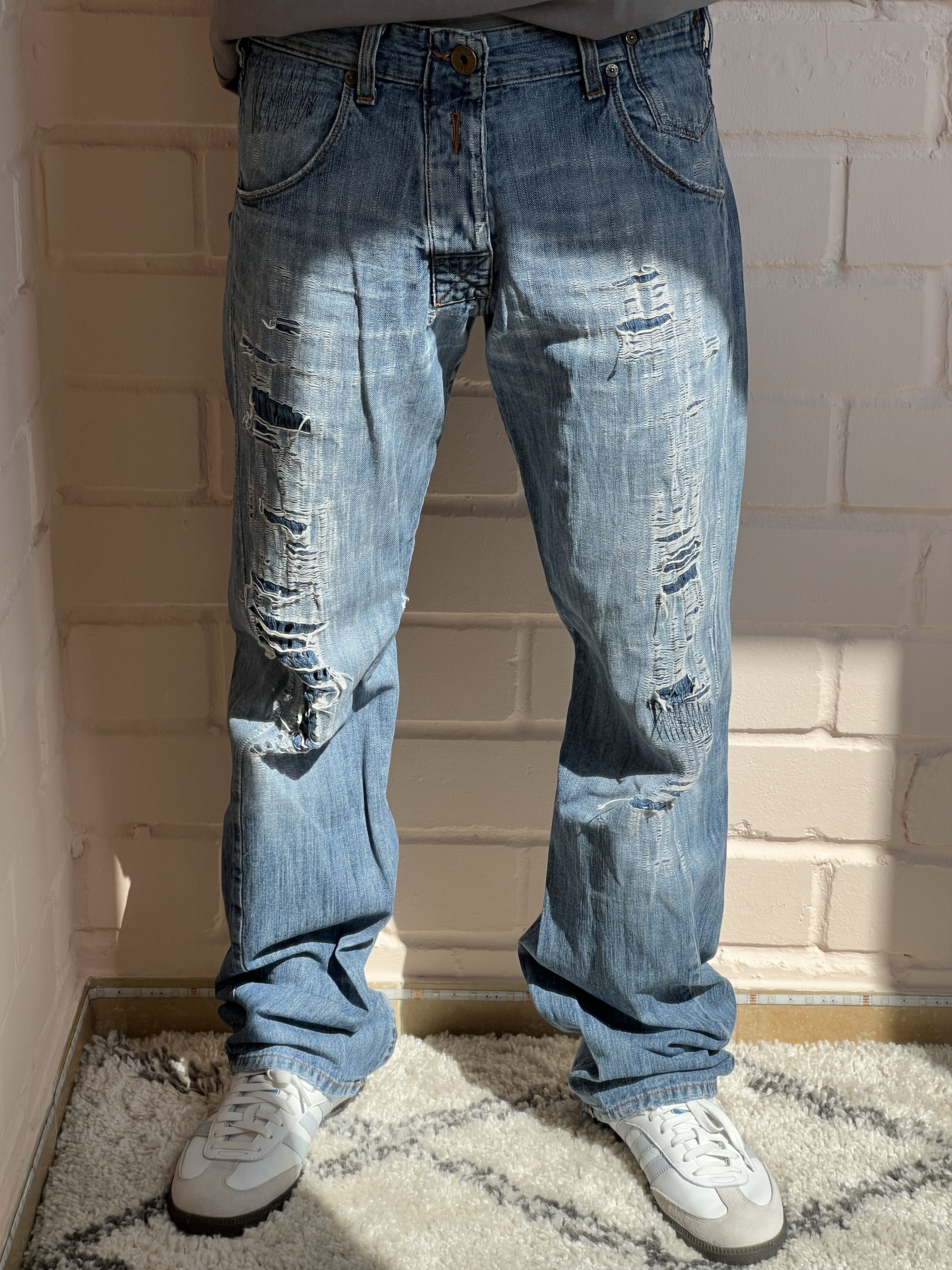 image of Y2K Armani Jeans Ripped Distressed Blue Denim Pants, Men's (Size 32)