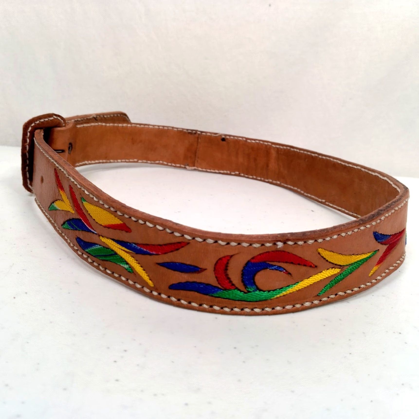 Vintage VINTAGE Belt Size 30 Leather Brown Embroidered 1 3/8" Adjustable Women Bohemian Tribal Artsy Ethnic Hippie Size ONE SIZE - 5 Thumbnail