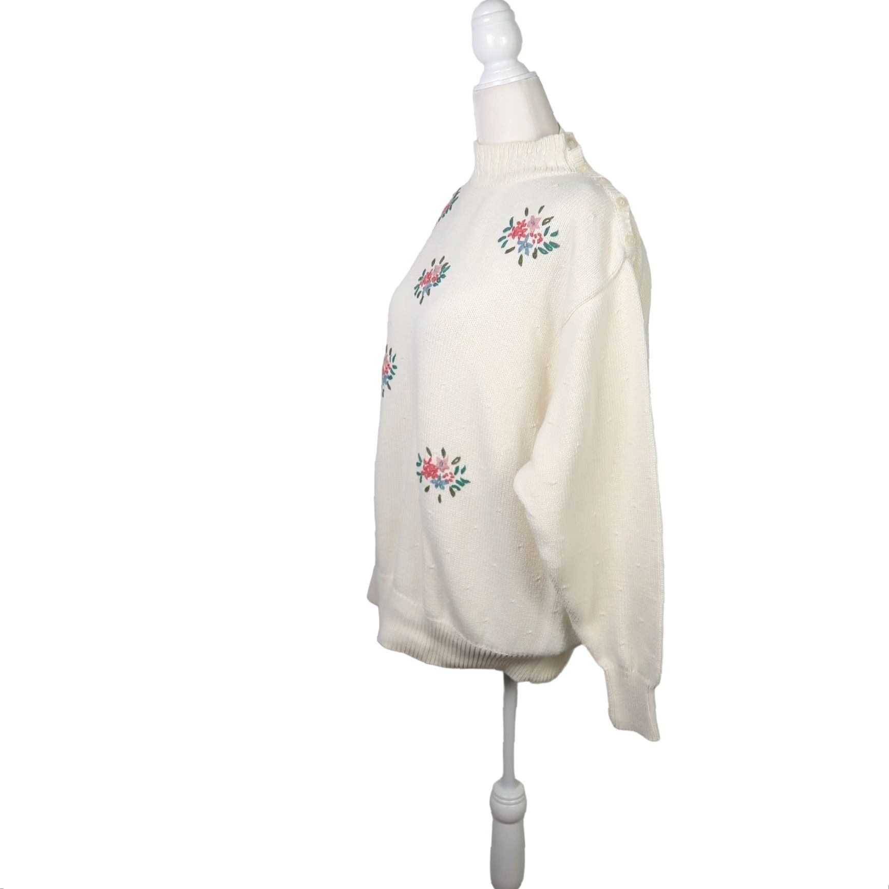 Vintage VINTAGE 80s Cream Cotton Knit Embroidered Mockneck Sweater L Women Floral 90s Pullover Size L / US 10 / IT 46 - 4 Thumbnail