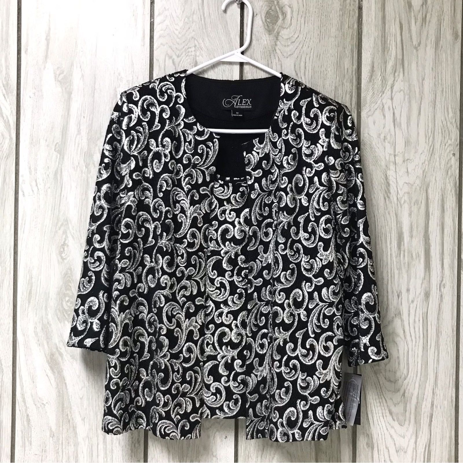 Alex Evenings Alex Evenings Women Black/Silver Shimmer Royal Damask Scoop Neck Tank Top & 3/4 Sleeve Hook Neck Jacket Twinset 2 PC Set M Size M / US 6-8 / IT 42-44 - 2 Thumbnail