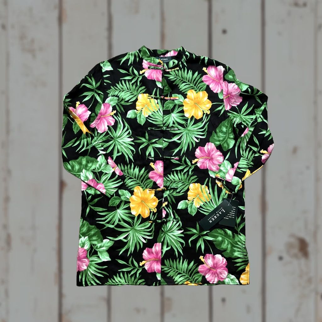 Ralph Lauren Lauren Ralph Lauren Jacket Womens Medium Black Linen Floral Hawaiian Tunic Top Size M / US 6-8 / IT 42-44 - 1 Thumbnail