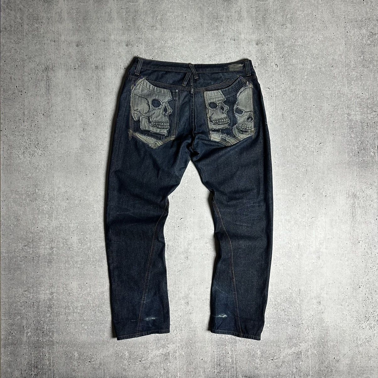 Image of Crazy Y2K Baggy Opium Artful Dodger Skulls Embroidered Jeans in Navy, Men's (Size 38)