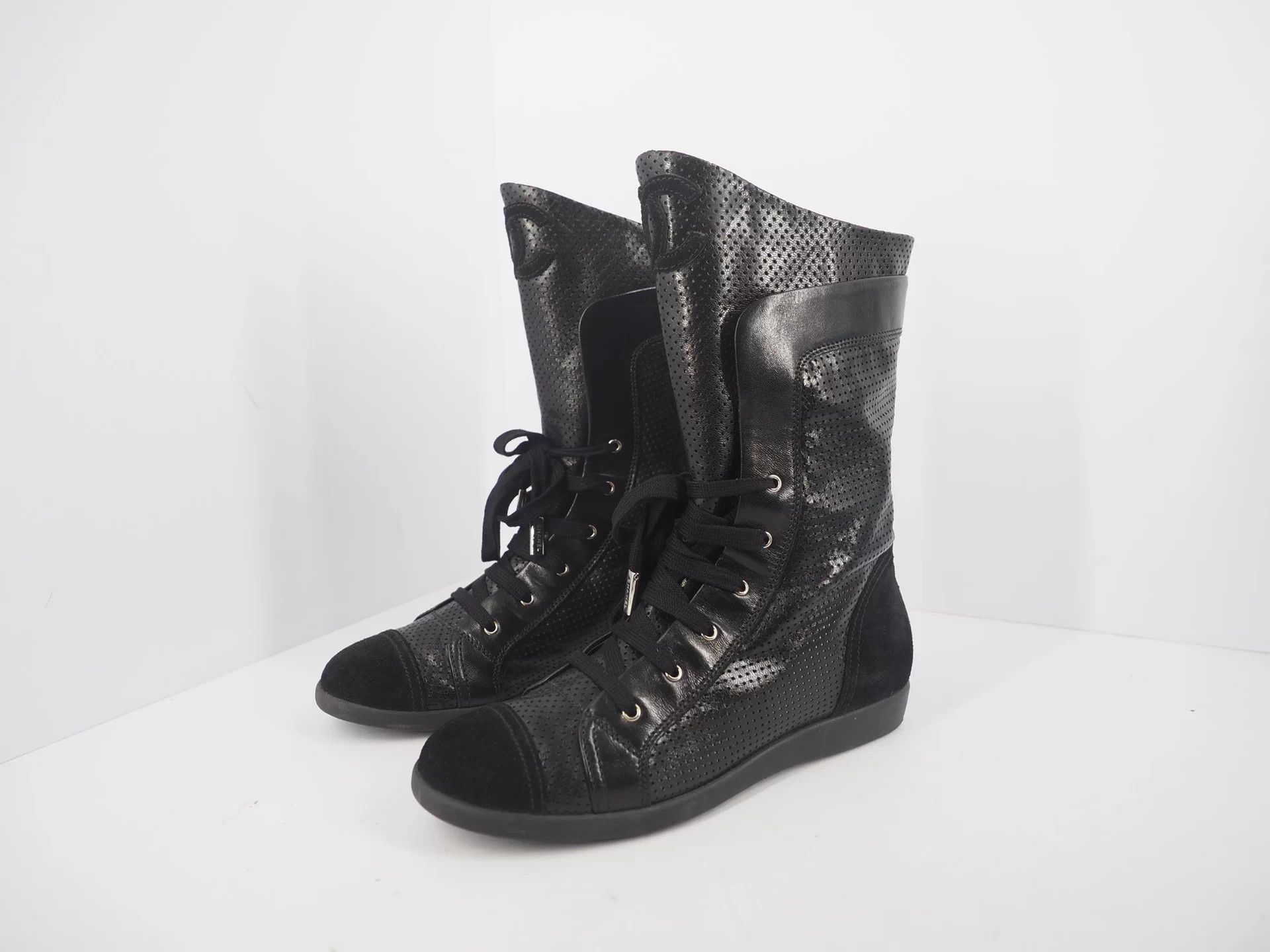 Chanel CHANEL Black Suede Perforated Boots, Size 37.5 Size US 7 / IT 37 - 1 Thumbnail