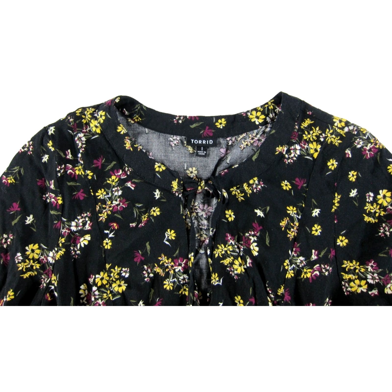 Torrid TORRID 100% Rayon Black Purple Yellow Floral Long Sleeve Tunic Smock Dress 1X Size XL / US 12-14 / IT 48-50 - 4 Thumbnail