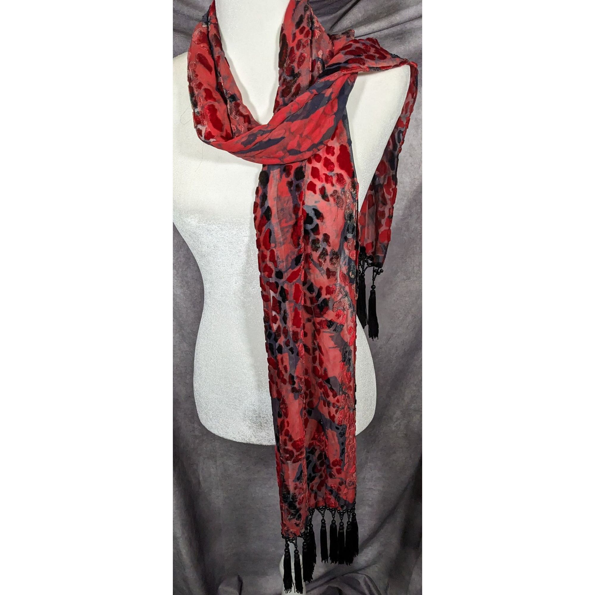 Other Gothic Red And Black Abstract Velvet Burnout Beaded Fringe S Size ONE SIZE - 6 Thumbnail