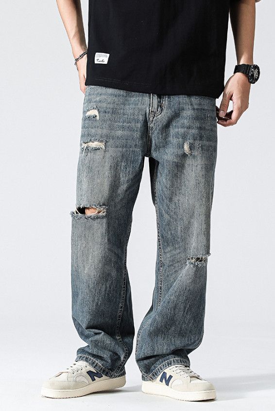 Japanese Brand Retro blue distressed loose straight leg ripped jeans Size US 32 / EU 48 - 1 Thumbnail