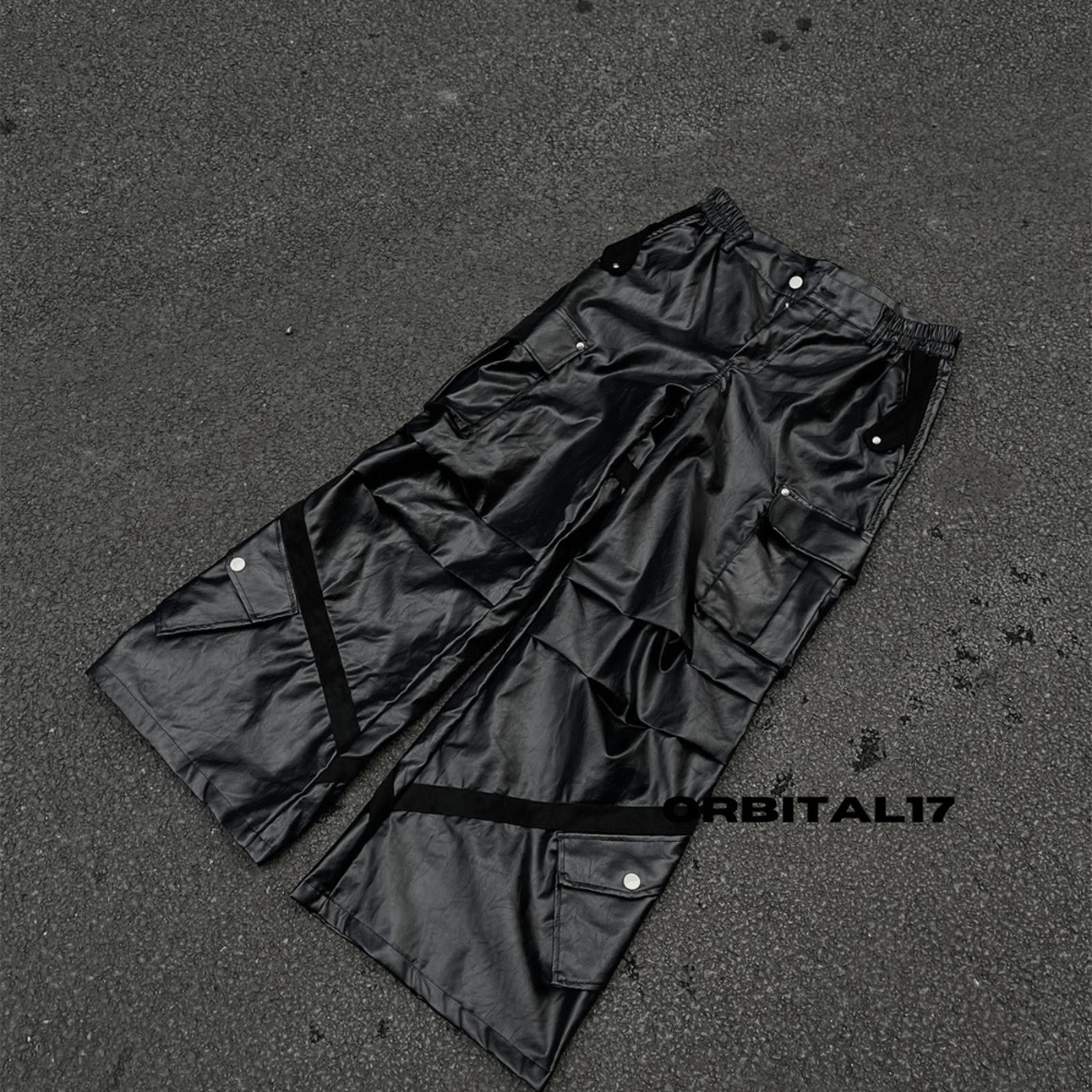 Leather Black Cargo Baggy Stacked Flare PU Leather Jeans Size US 32 / EU 48 - 6 Thumbnail