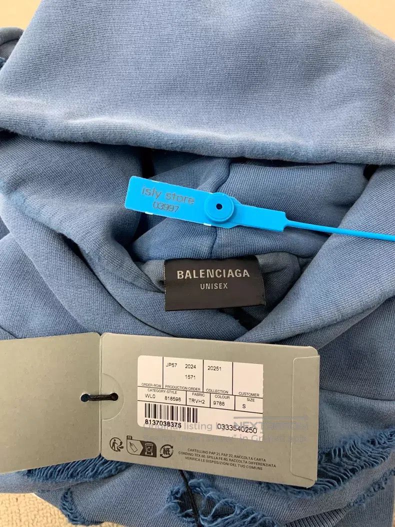 Balenciaga Balenciaga Blue Washed Destroyed Print Logo Hooded Sweatsh Size US XS / EU 42 / 0 - 7 Thumbnail