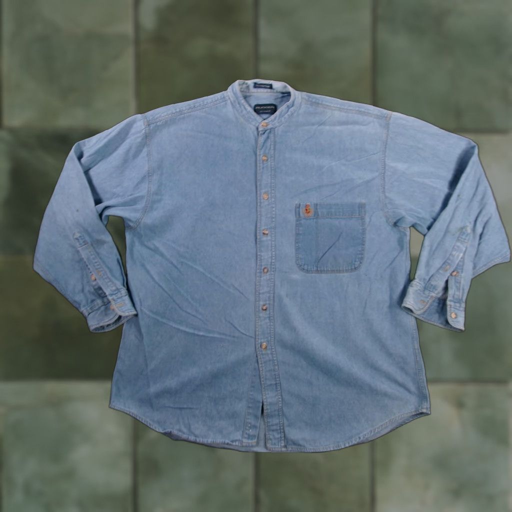 Denime RUGGER Button-Up Shirt Mens XL Blue Denim Long Sleeve Band Collar Embroidered Logo Casual Workwear Size US XL / EU 56 / 4 - 1 Thumbnail