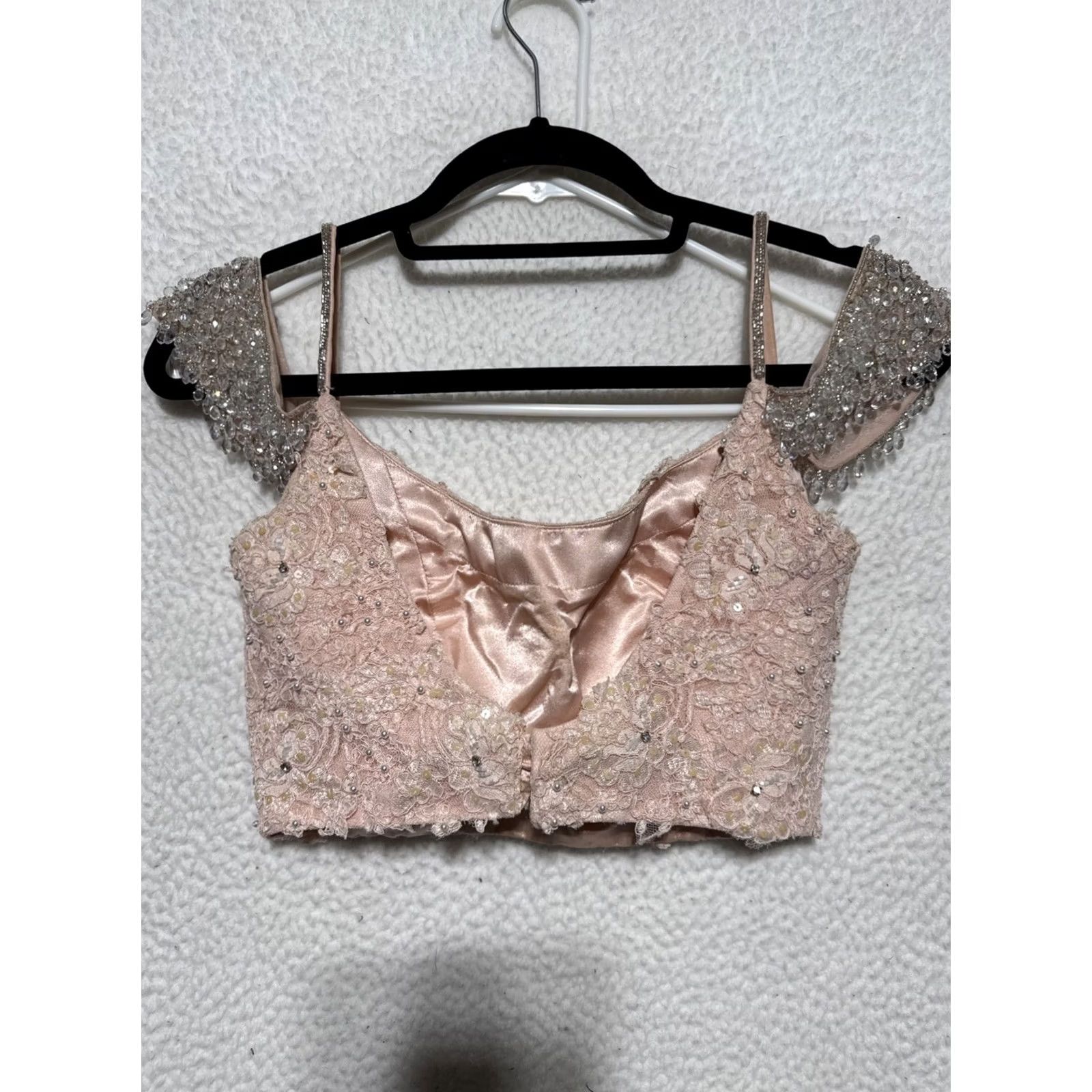Vintage Sherri Hill 2 Pc Lace Floral Beaded Strap Top & Tulle Skirt Size 2 Prom Dress Pink Womens Ball Gown Sleeveless Off the Shoulder Formal Dry Clean Only Size XS / US 0-2 / IT 36-38 - 5 Thumbnail