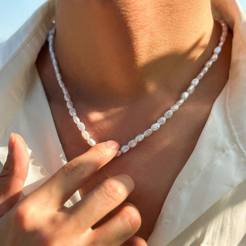 Jewelry x Vintage Pearl Metled Y2K Necklace Chain in Silver, Men's