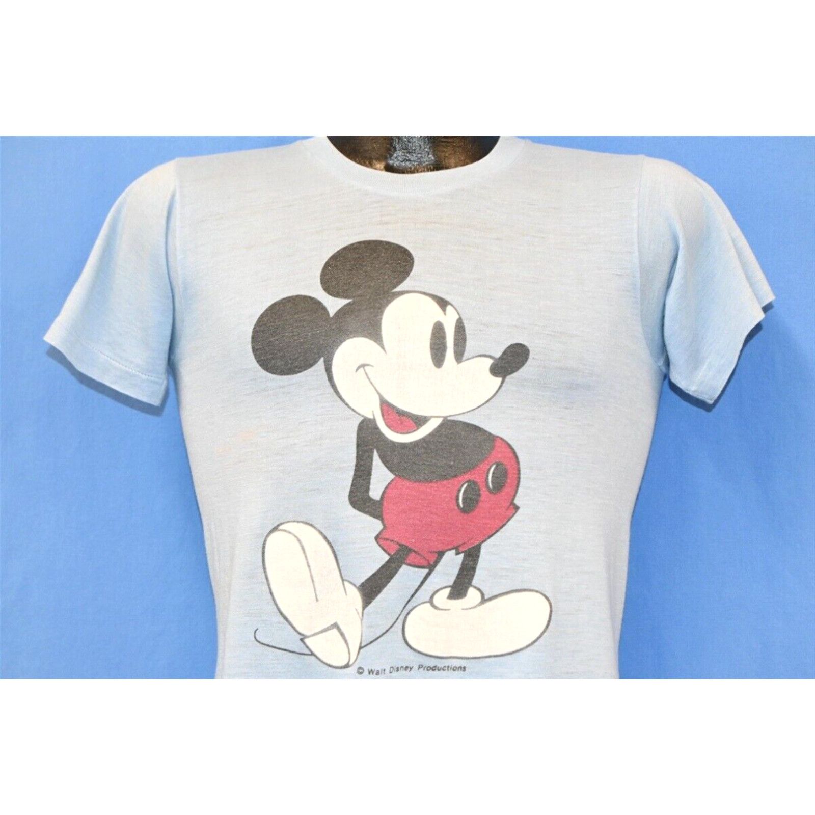 image of Vintage 80's Mickey Mouse Distressed Walt Disney Lt Blue Cartoon T-Shirt Small S in White, Men's