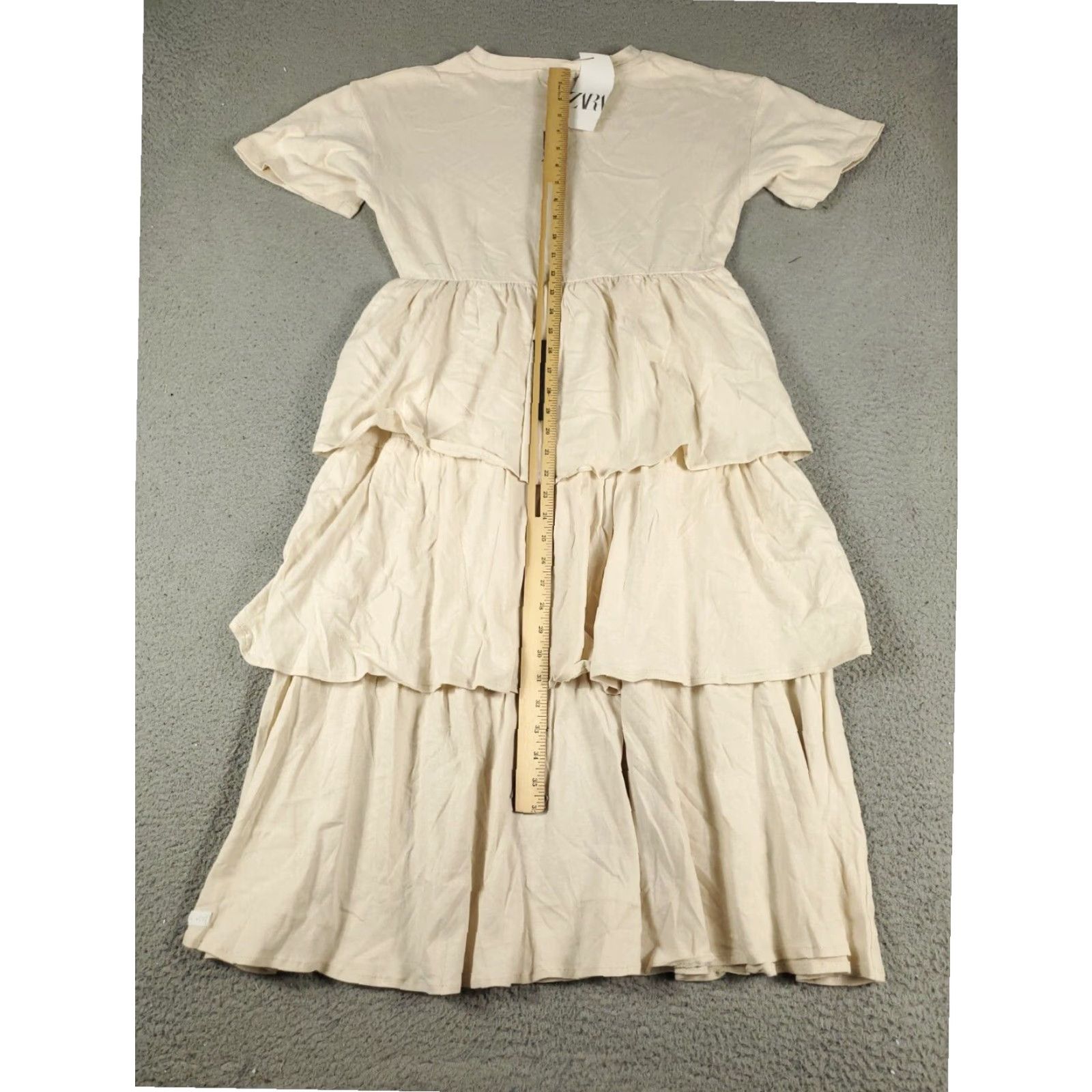 Zara Zara Womens Midi Dress Small Beige Short Sleeve Layered Ruffled Cotton Crew Neck Size 28" / US 6 / IT 42 - 3 Thumbnail