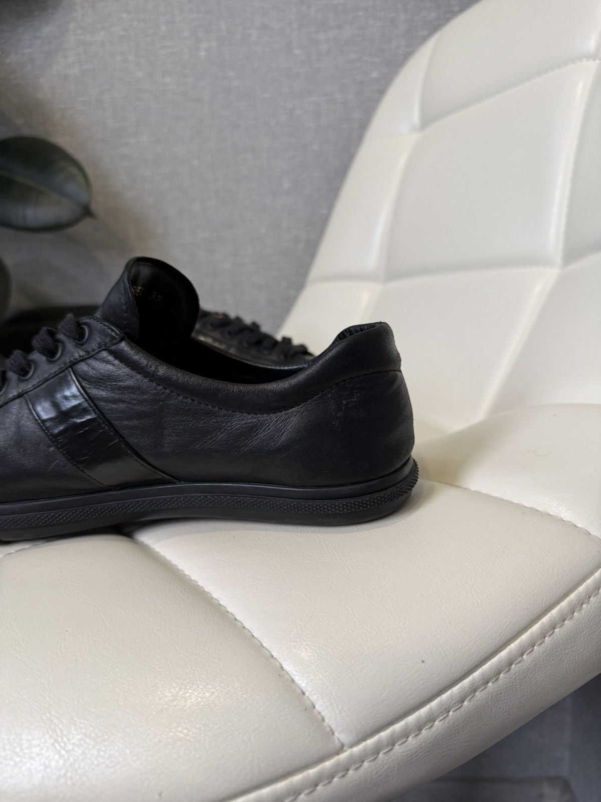 Prada Prada Black Leather Low-Top Sneakers with Red Stripe Logo Size US 7 / IT 37 - 15 Thumbnail
