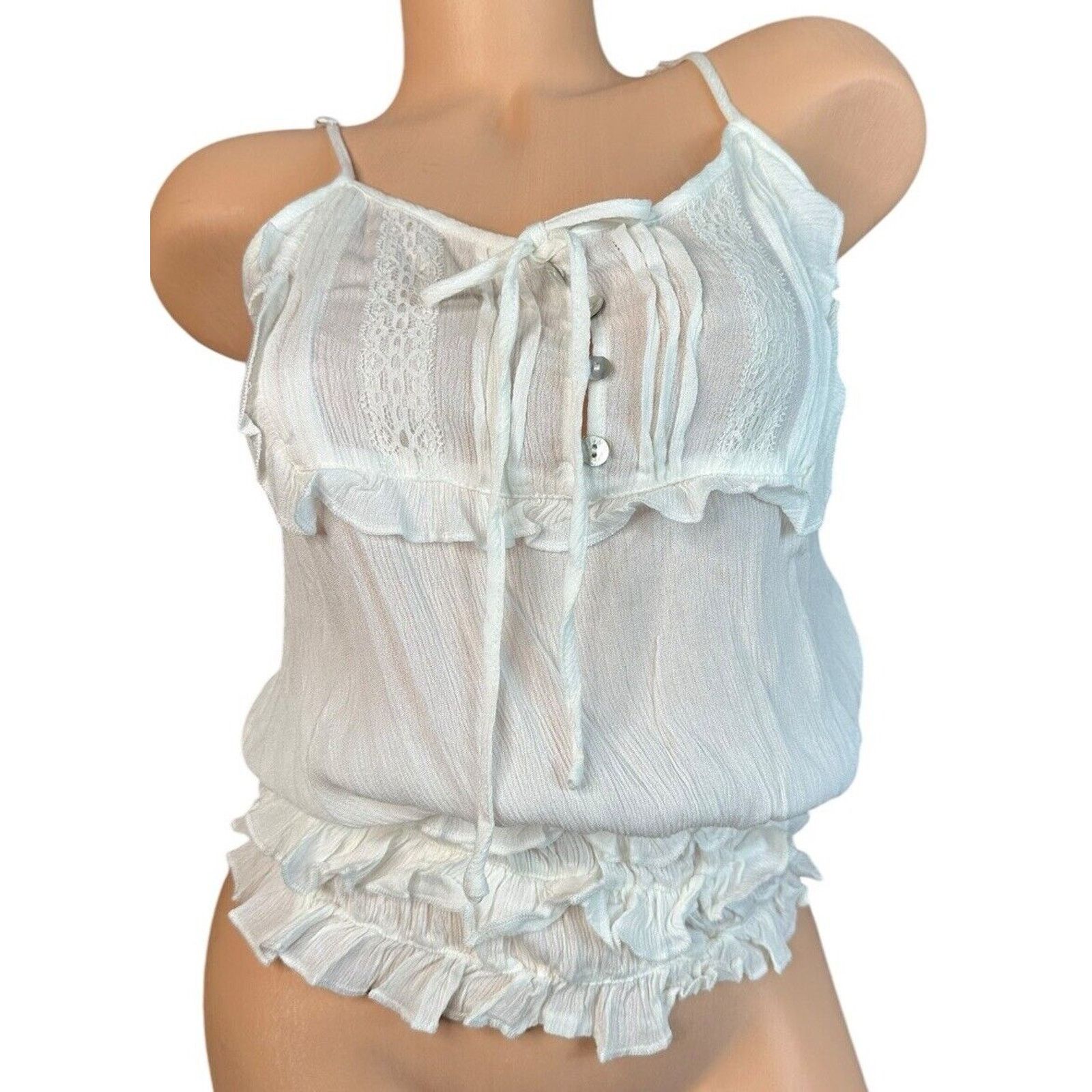 Other POL White Gauze Ruffled Tie Neck Tank Top Lace Boho Beachy S Size S / US 4 / IT 40 - 1 Thumbnail