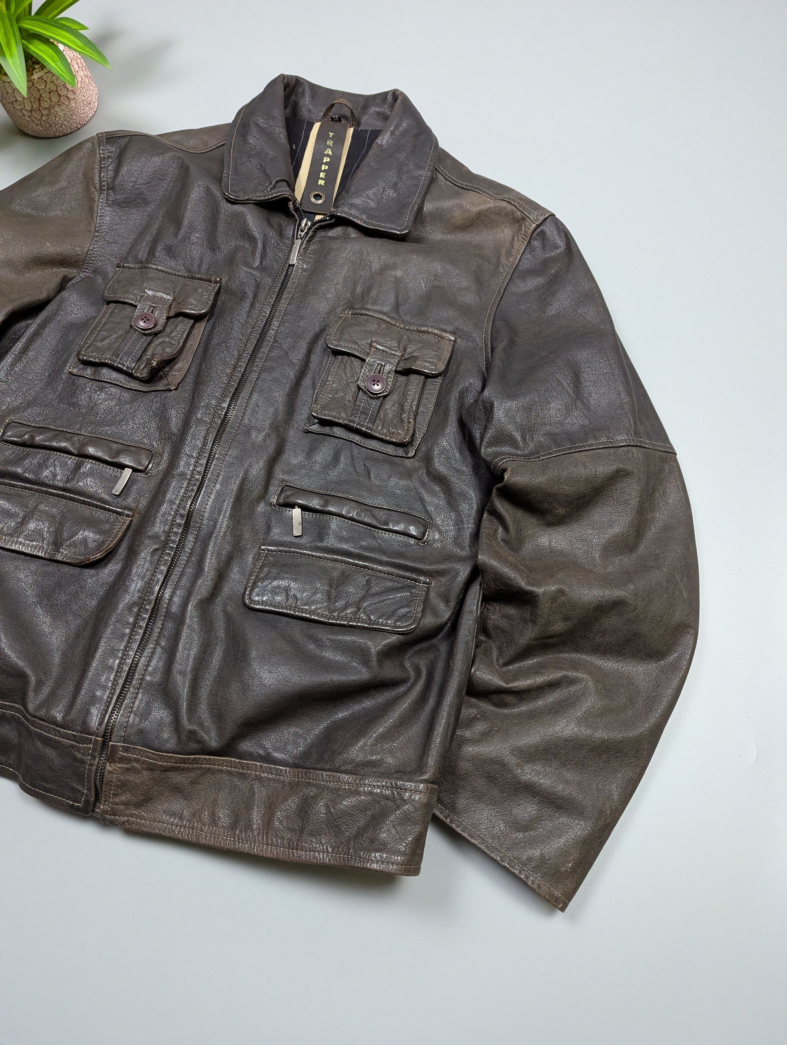 Vintage TRAPPER Mens Brown Multi-Pocket Leather Vintage Biker Jacket Size US XL / EU 56 / 4 - 7 Thumbnail