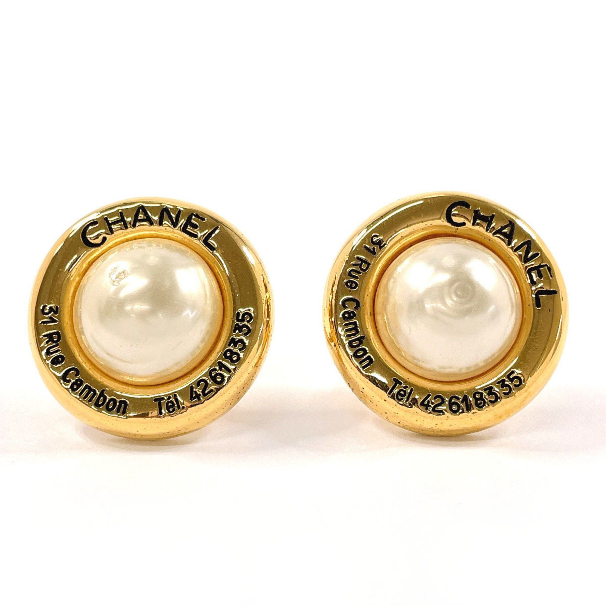 CHANEL 31 RUE CAMBON Earrings GP/Faux Pearl Gold 2 5 Engraved Women's