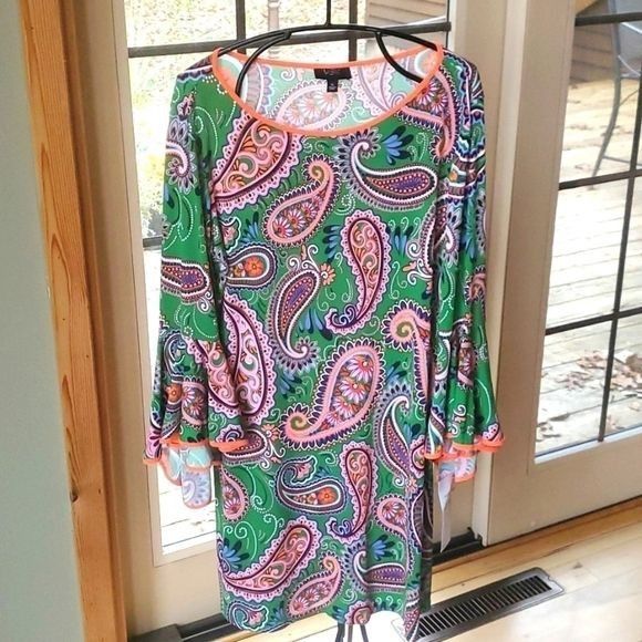 Vintage MSK Made in India Green/Pink Flared Long Sleeves Sz. XL Dres Size XL / US 12-14 / IT 48-50 - 1 Thumbnail