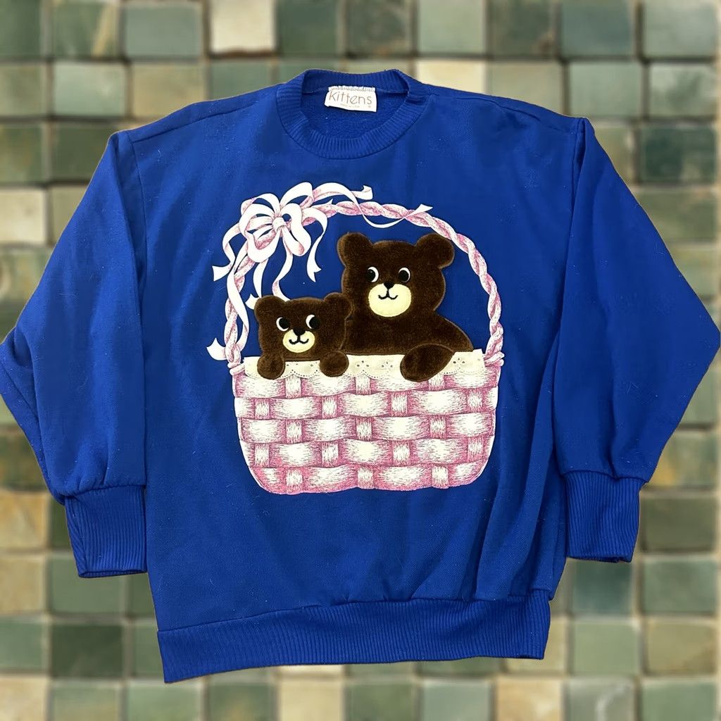 Vintage VINTAGE 90s Teddy Bear Sweatshirt Kittens Blue Textured Fuzzy Large Adult Crewneck Size L / US 10 / IT 46 - 1 Thumbnail