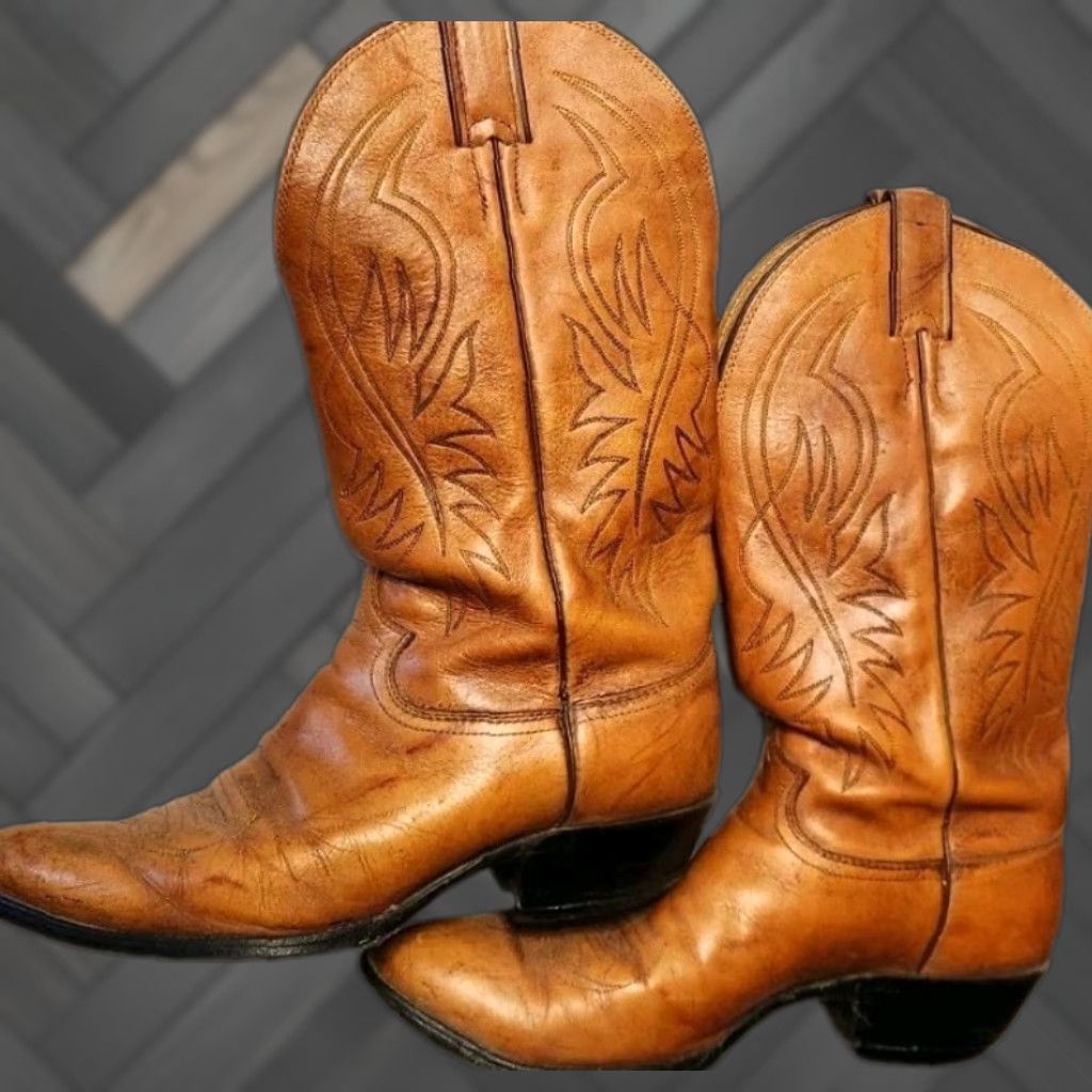 Justin Boots VINTAGE Justin Boots Cowboy Boots Mens 8 D Natural Tan Marbled Leather Western #1632 Size US 8 / EU 41 - 1 Thumbnail