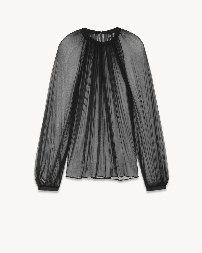 Saint Laurent Paris o1s1wg110325 Gathered Blouse in Silk Tulle in Black Size US XL / EU 56 / 4 - 2 Thumbnail
