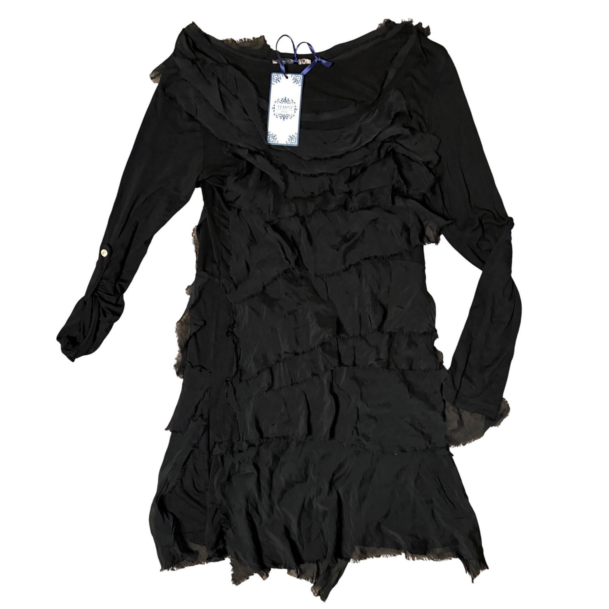 Other NWT Tempo Paris L Silk Tiered Stretch Dress Black Long Sleev Size L / US 10 / IT 46 - 3 Thumbnail