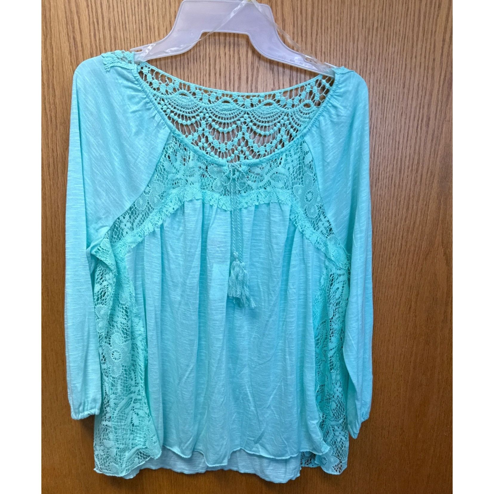 Other Womens Mint Green Crochet Lace Boho Top With Tassel Tie LG 1 Size L / US 10 / IT 46 - 2 Thumbnail
