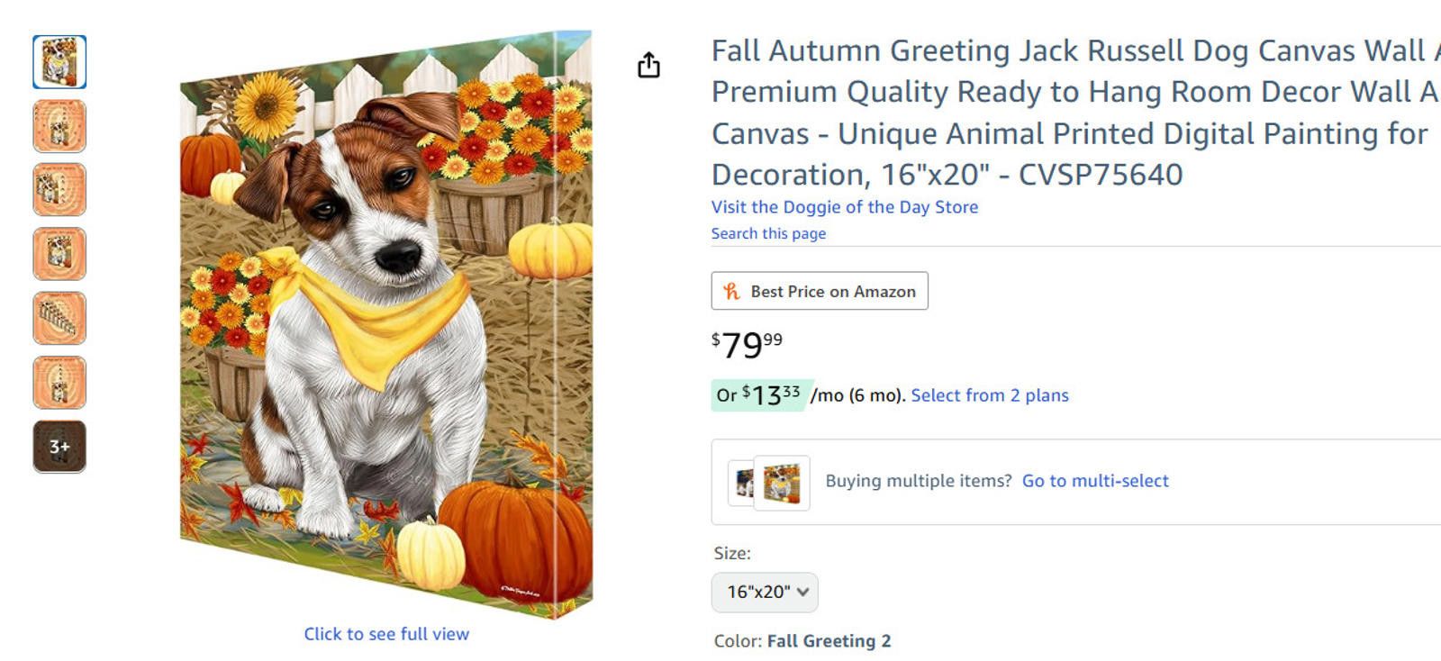 Other Jack Russell Canvas NEW Fall Pumpkins 16x20 Ready to Hang Size ONE SIZE - 2 Thumbnail