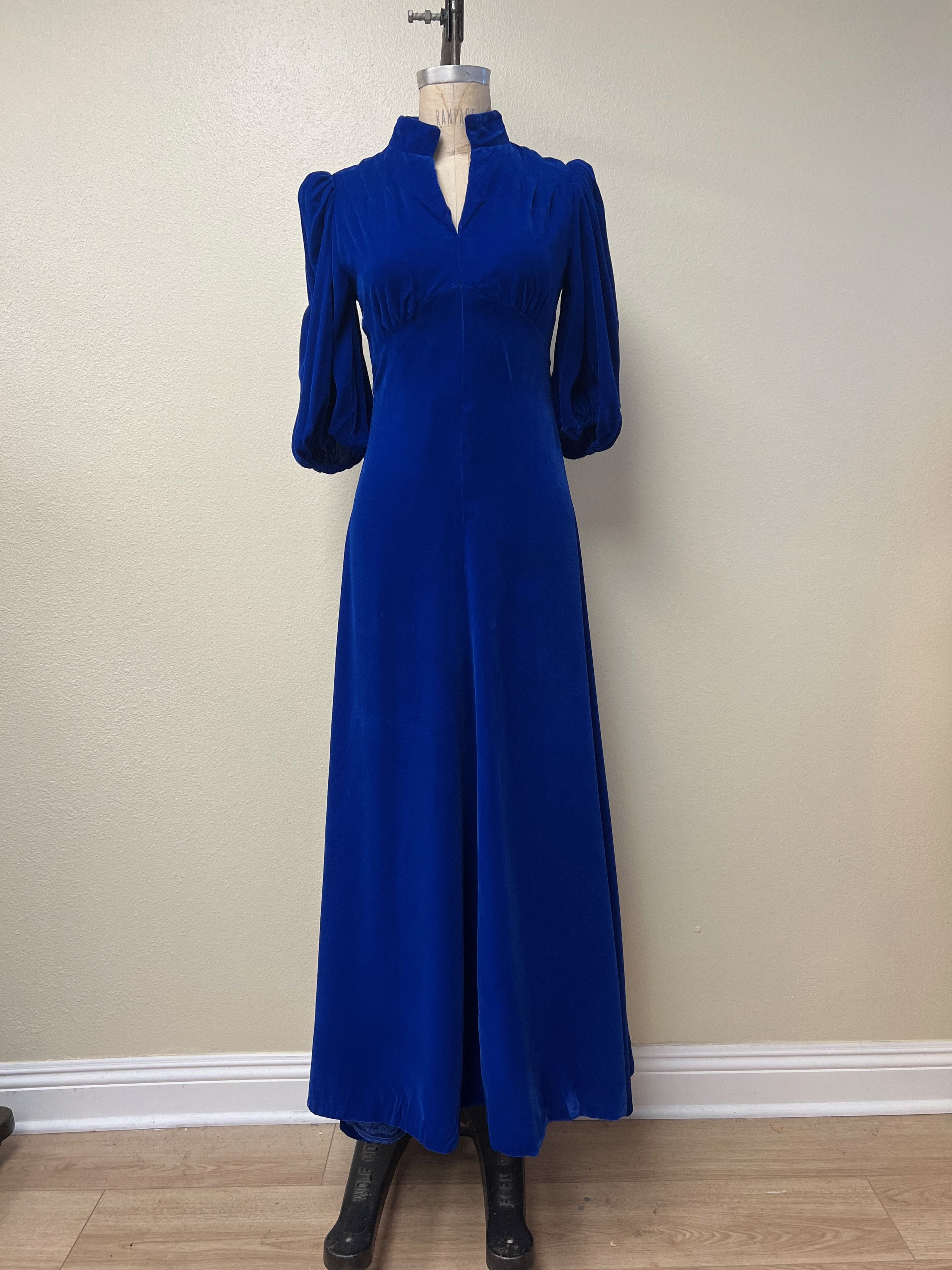 Handmade EUC Vintage 60s 70s Velvet Stand Collar Blue Maxi Dress Size S / US 4 / IT 40 - 1 Thumbnail