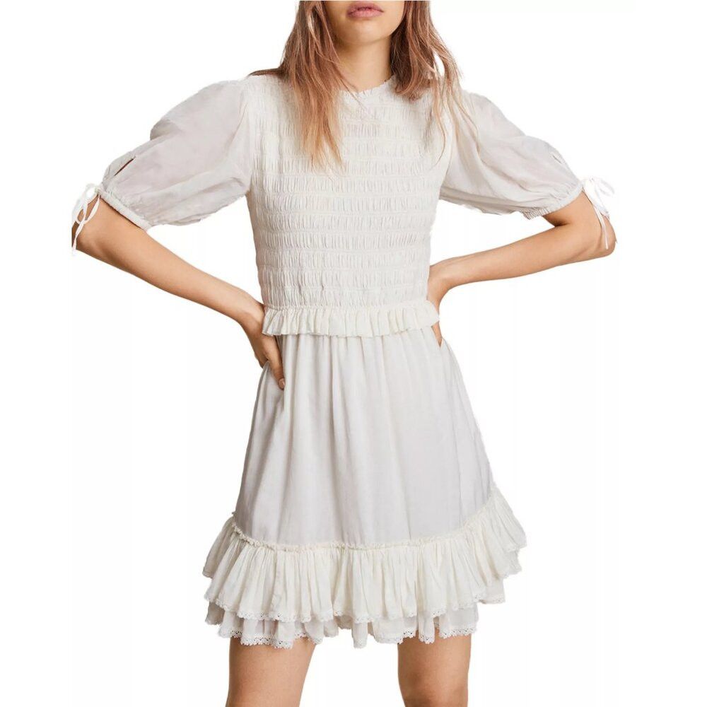 Allsaints New AllSaints Jaya Smocked Ruffle Ivory Viscose Mini Dress Size S / US 4 / IT 40 - 2 Thumbnail
