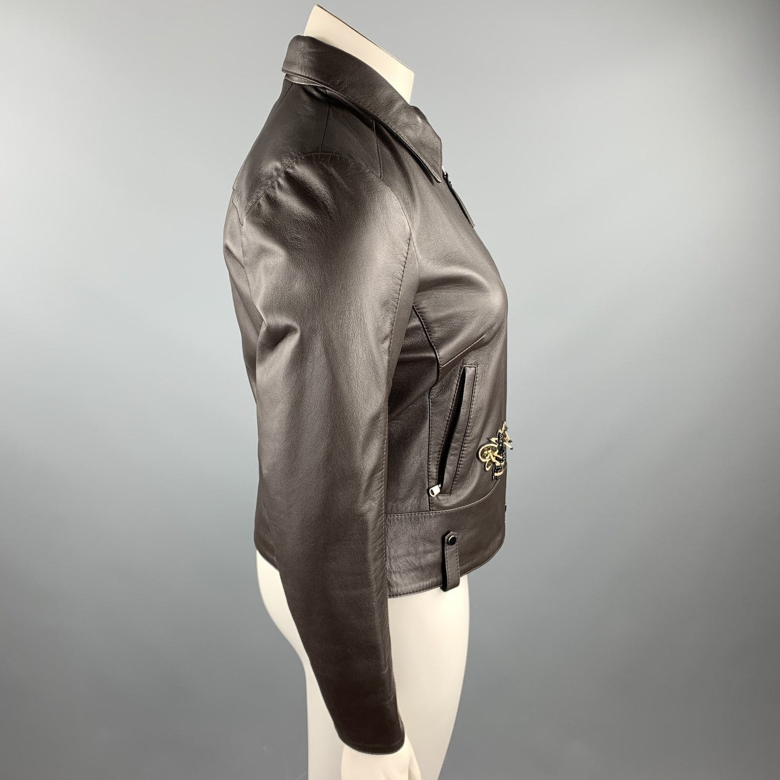 Other GIZIA 6 Brown Leather Bumble Bee Embellishment Zip Up Jacket Size M / US 6-8 / IT 42-44 - 3 Thumbnail