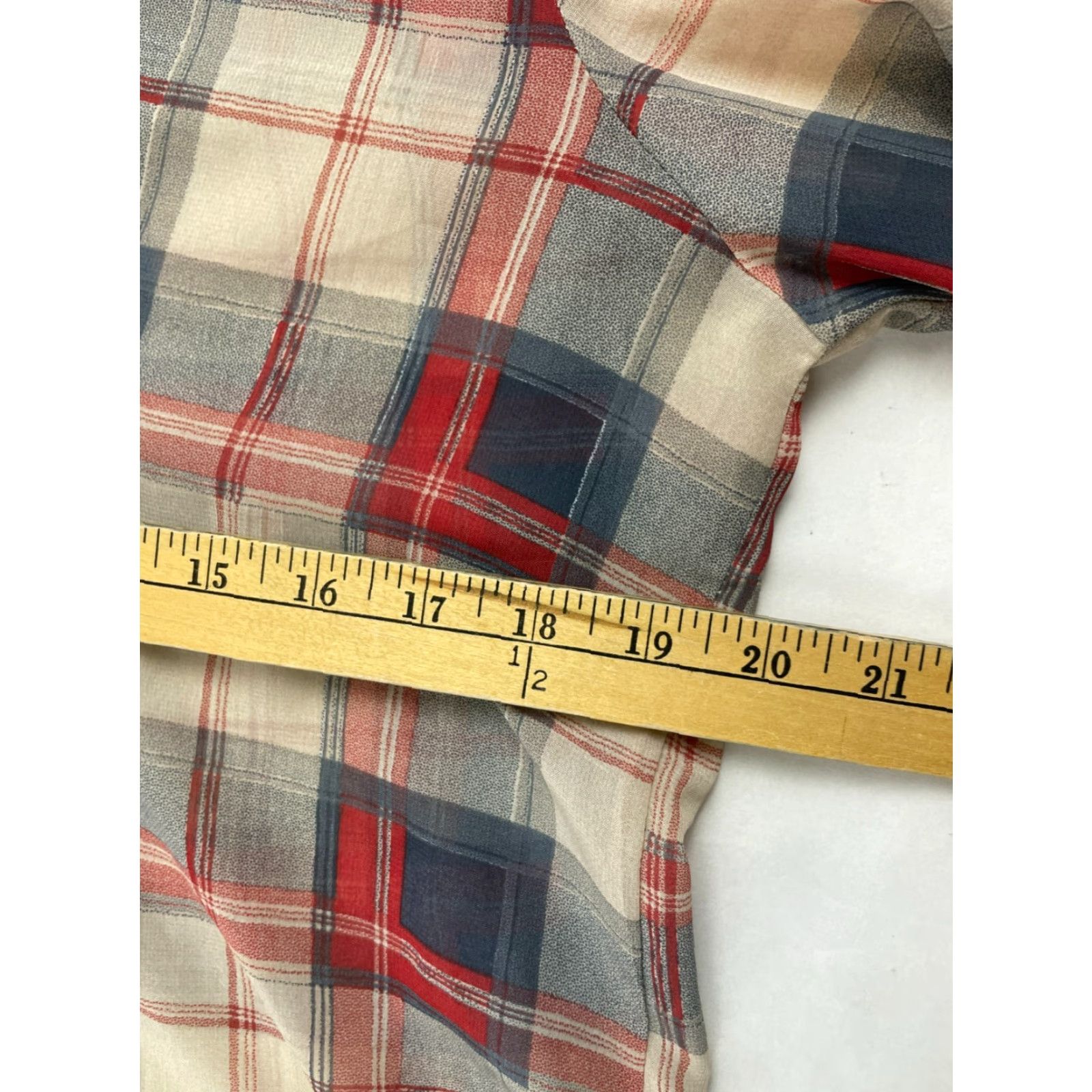 Vintage TeenBell Shirt Women's Medium T-Shirt Plaid 3/4 Sleeve Red Tan Blue Semi Sheer Casual Fall Modern Womens Size M / US 6-8 / IT 42-44 - 6 Thumbnail