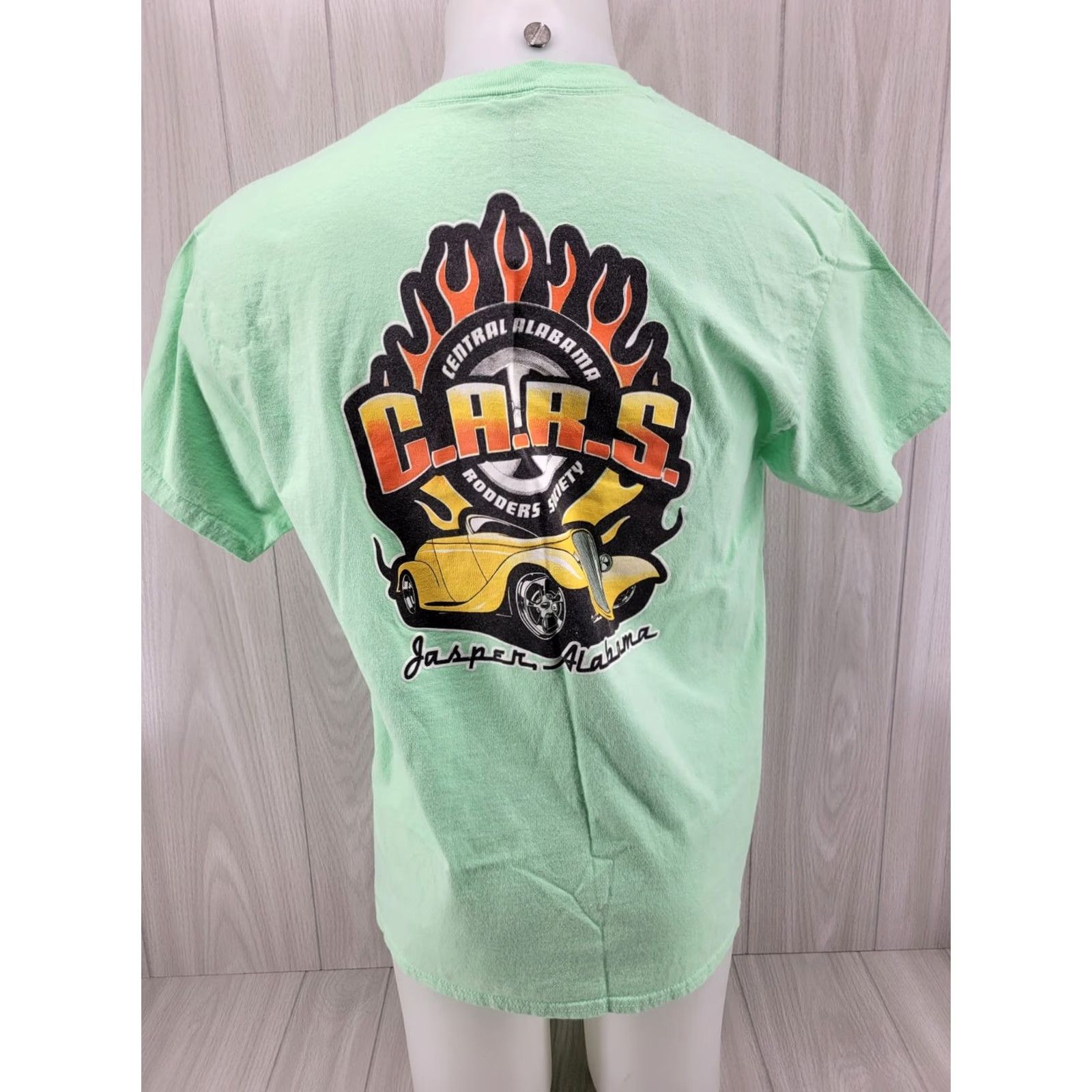Gildan VINTAGE Central Alabama Rodders Society Mens Shirt L Green Shirt Mens L Green 90s Hot Rod Theme Size US L / EU 52-54 / 3 - 7 Thumbnail