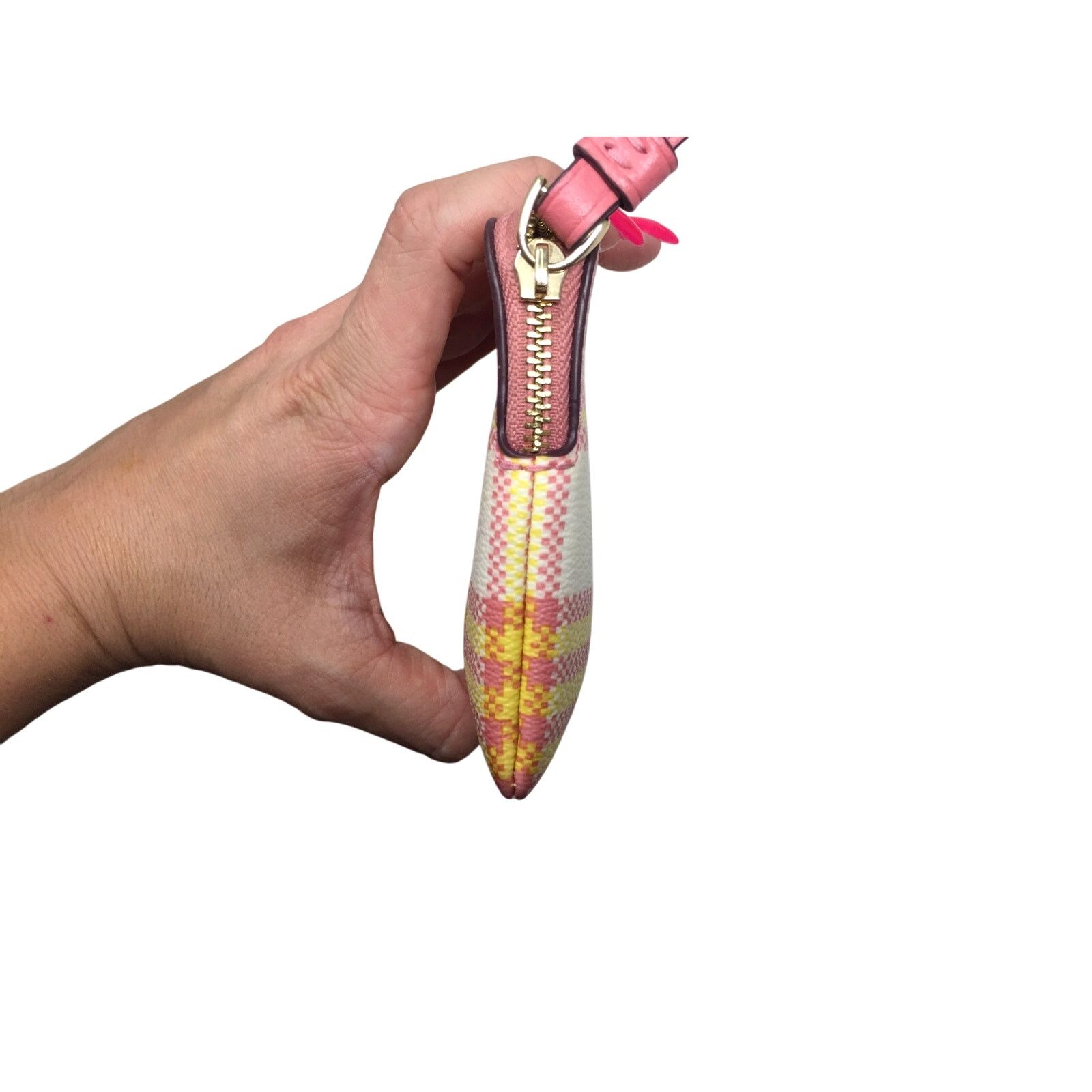 Coach Coach Corner Zip Wristlet - Garden Plaid Print Taffy & Gold Size ONE SIZE - 4 Thumbnail
