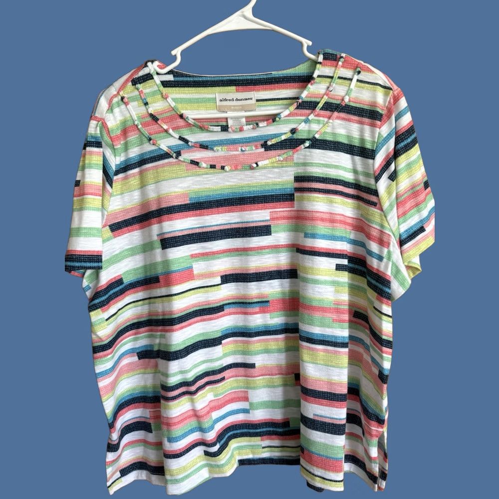 Vintage Alfred Dunner Woman 1X Plus Striped Short Sleeve Top Beaded Coastal Resort Beach Size XL / US 12-14 / IT 48-50 - 1 Thumbnail