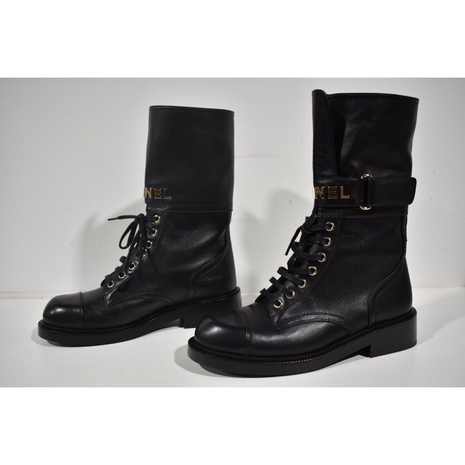 Chanel 22A Logo CC Combat Lace Up Tie Military Tall Boots 37.5 Size US 7.5 / IT 37.5 - 7 Thumbnail