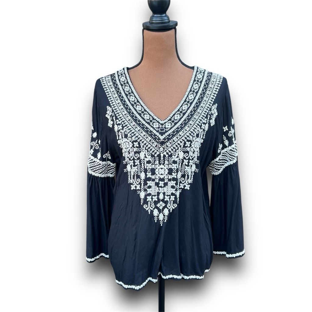 Chelsea Soccer Chelsea & Theodore Black Beige Embroidered Boho Bell Sleeve Size M / US 6-8 / IT 42-44 - 2 Thumbnail