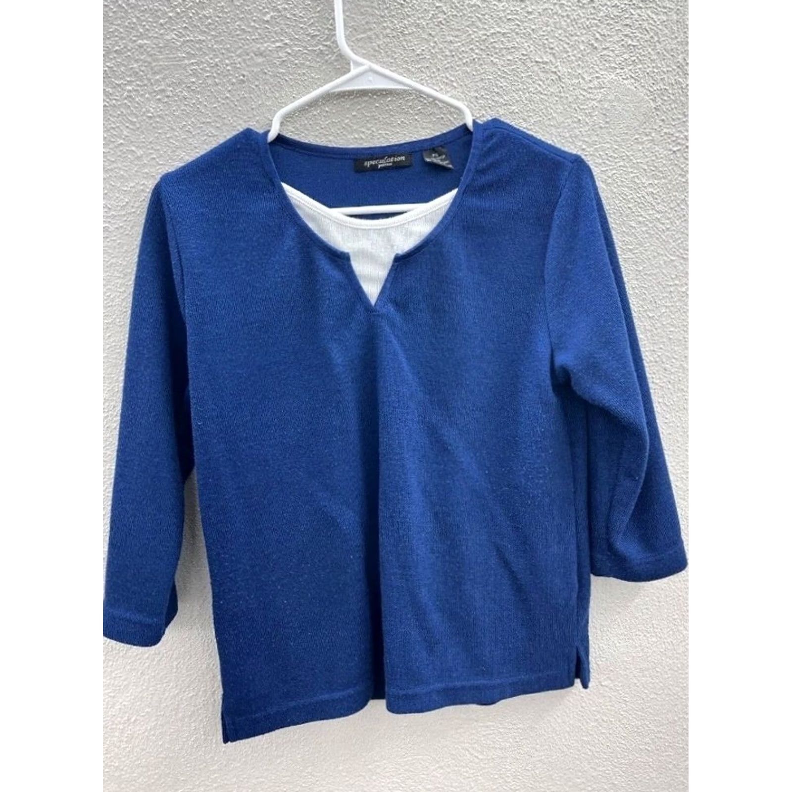 Vintage Womens Speculation Petite Blue 3/4 Sleeve Knit Blouse Size PS Size S / US 4 / IT 40 - 2 Thumbnail