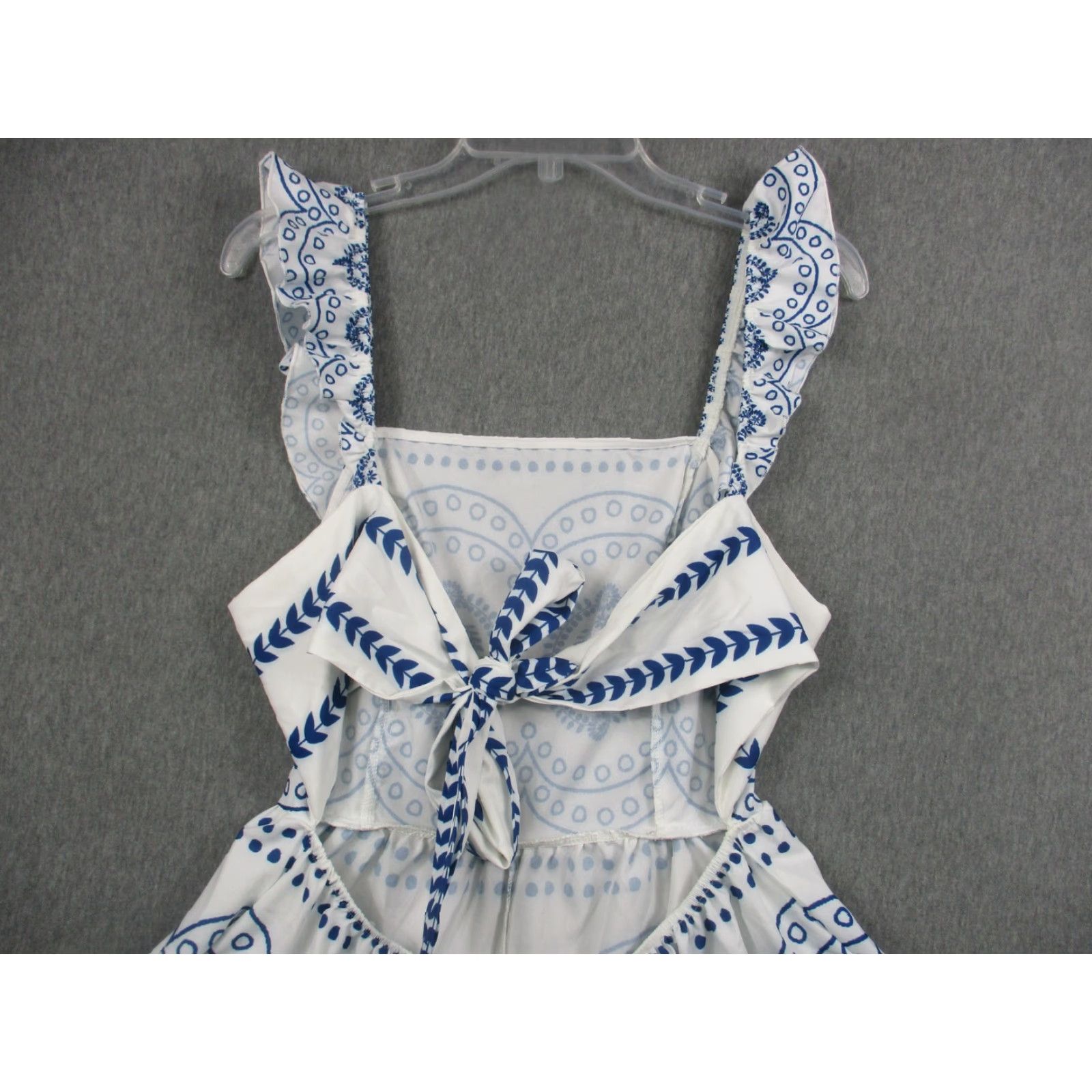 Shein Emery Rose Romper Womens Large White Blue Ruffle Strap Tie Back Boho Print Size 36" / US 14 / IT 50 - 6 Thumbnail