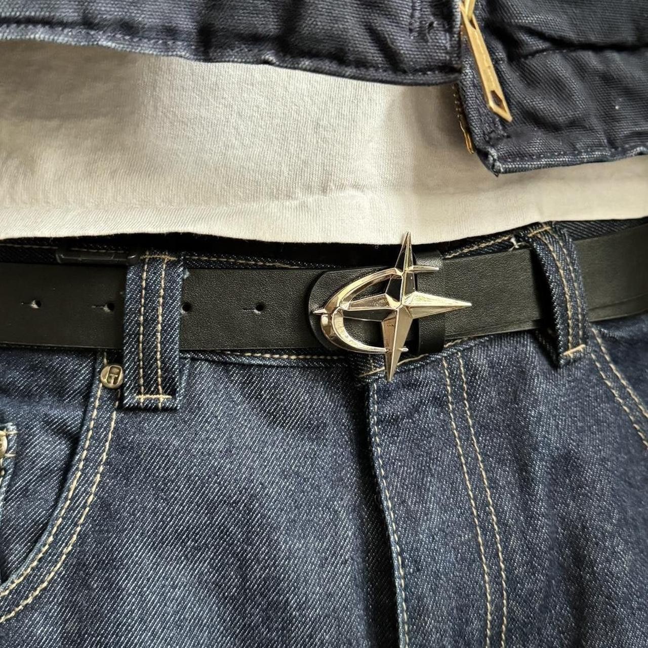 Japanese Brand y2k style chrome star emblem black and silver slim belt Size ONE SIZE - 5 Thumbnail