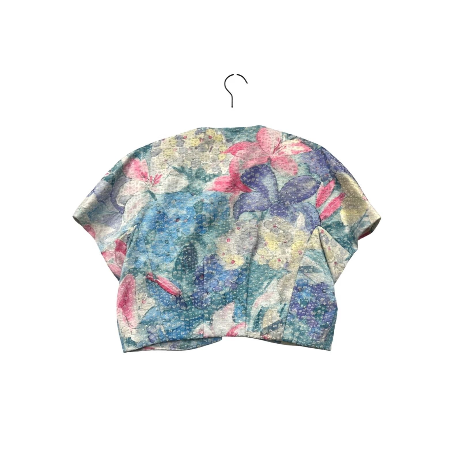 Vintage VINTAGE 90s Floral Cropped Bolero Jacket Open Front Blazer Women M/L Pink Floral Pattern Womens Size M / US 6-8 / IT 42-44 - 2 Thumbnail
